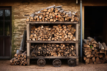 shot of rustic log store stacked with firewood