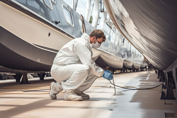 Shot of yacht hull paint coating process 