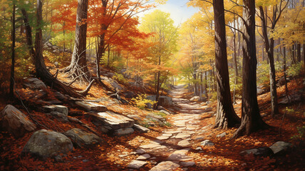 A tranquil forest path dappled with sunlight leads toward a colorful canopy of autumn leaves - obrazy, fototapety, plakaty