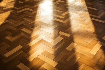 Top view of parquet flooring in contrasting light and shadow