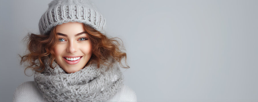Beautiful woman in wart winter clothing. copy space for text.