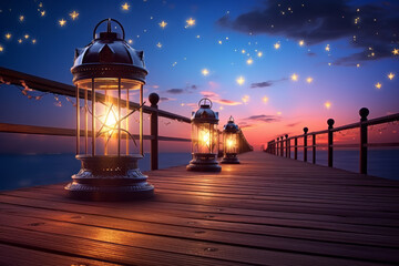 The enchanting tropical beach pier on a summer evening. Lantern lights cast a fantastic and magical spell on the memories of the journey. concept of an extraordinary holiday beneath the night sky star - obrazy, fototapety, plakaty