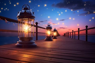 Foto op Canvas The enchanting tropical beach pier on a summer evening. Lantern lights cast a fantastic and magical spell on the memories of the journey. concept of an extraordinary holiday beneath the night sky star © omune