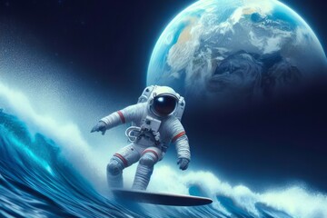 An astronaut surfing on the moon with Earth in the background