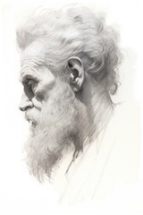 Portrait of a old man with a white beard in profile, pencil drawing