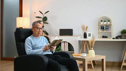 Calm senior man in casual clothes resting on armchair and reading favorite literature