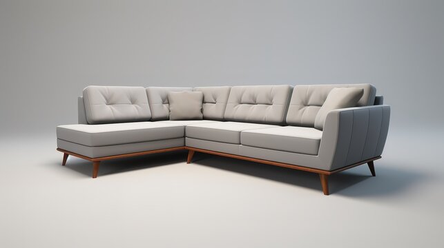 a 3d model wooden grey sectional sofa with  pillows