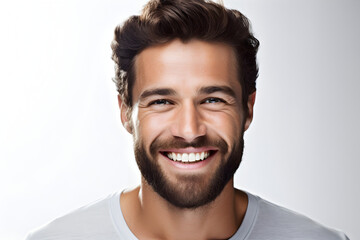 Confident man with a perfect smile in dental ad. Closeup portrait of handsome model with clean teeth, stylish hair, and strong jawline. Isolated on white. Generative AI.