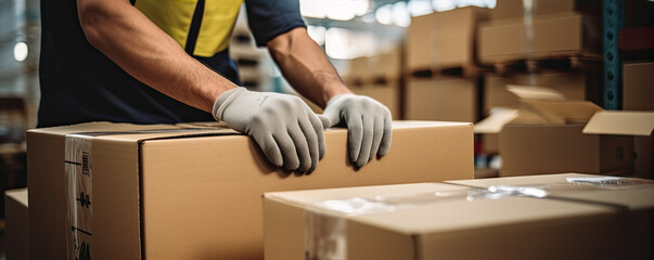 Detail on the hands of a worker in parcel service. generative ai