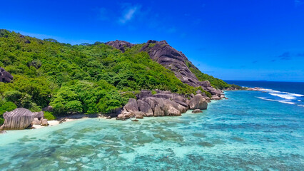 Fototapeta premium Aerial view of Anse Source Argent Beach in La Digue, Seychelles Islands - Africa