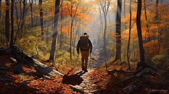 Autumn Hiker in Forest: Back View of Man Walking on a Forest Footpath in Autumn