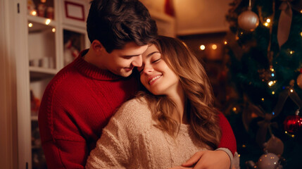 Fototapeta premium Standing and embracing each other. Young lovely couple have romantic dinner indoors together. Ai generated