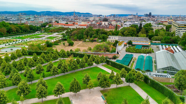 Aerial view of famous Schloss Belvedere in Vienna, built by Johann Lukas von Hildebrandt as a summer residence for Prince Eugene of Savoy