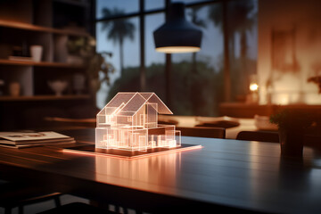Futuristic real estate agency with 3D house model, mortgage signing, and futuristic business concept. Blurry background. Generative AI. - obrazy, fototapety, plakaty