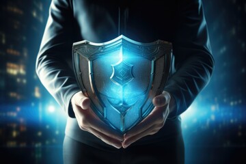 Hand holding a shield symbol of internet protection