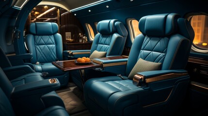 Luxurious interior of a private jet, Premium Business Class Seats for Luxury Air Travel, Posh first class airplane cabin, Exclusive First Class Airplane Seating with Personal Entertainment System