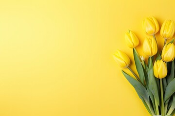 Top view design of holiday greeting tulip flower bouquet on bright yellow Background.