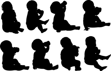 Illustration of baby silhouettes drinking from baby bottle isolated on white