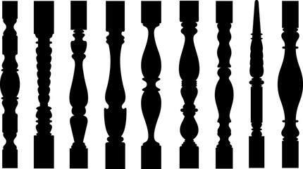 Set of different stair spindles and balusters isolated on white