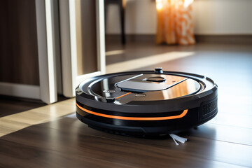 Close up view of Robotic vacuum cleaner cleaning a wooden floor in living room - obrazy, fototapety, plakaty