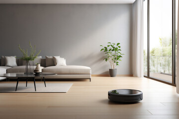 Fototapeta na wymiar Robotic vacuum cleaner cleaning a wooden floor in modern living room