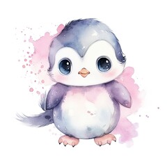 Watercolor fantasy Baby Penguin clip art isolated white background.