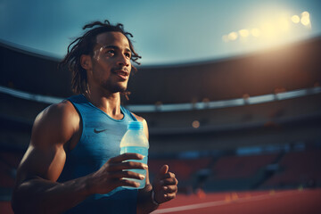 Sweaty Latino sprinter hydrating on track after workout, cold isotonic drink in hand. Blurry stadium backdrop. High-energy sports photo. Generative AI.