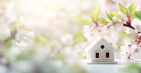 Toy house and cherry flowers, spring abstract natural background. - obrazy, fototapety, plakaty