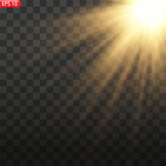 Naklejka premium Golden sun light effect. Glowing sunrays on black background. 