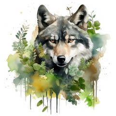 Wolf animal in greenery for kids emotional watercolors.