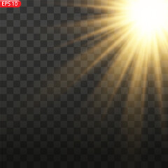 Golden sun light effect. Glowing sunrays on black background.  - obrazy, fototapety, plakaty
