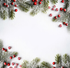 Fototapeta na wymiar Beautiful Christmas background, composition. Christmas decor, pine cones, fir branches, red berries and ornaments on white background. Flat lay, top view.Christmas composition.Copy space. Mock up.