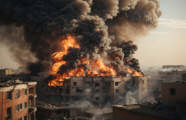 Airstrike on the city, burning houses. Ruined. disaster concept