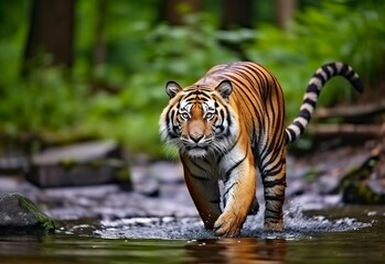 Naklejka premium Amur tiger walking in the water. Dangerous animal. Animal in a green forest stream.