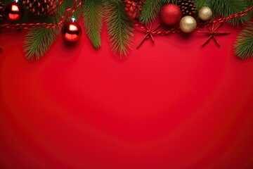 Obraz premium Christmas or New Year red background with fir decor.