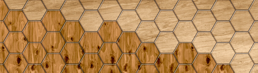 Beige stone and light wood hexagonal tiles split
