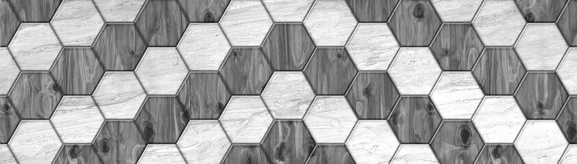Light grey stone and dark grey wood hexagonal tiles herringbone pattern