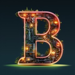 Alphabet capital letter B text. Futuristic neon glowing symbol, logo on dark grunge background.