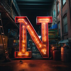Alphabet capital letter N text. Futuristic neon glowing symbol, logo on dark grunge background.