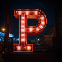 Alphabet capital letter P text. Futuristic neon glowing symbol, logo on dark grunge background. - obrazy, fototapety, plakaty