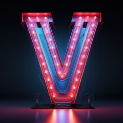 Alphabet capital letter V text. Futuristic neon glowing symbol, logo on dark grunge background.