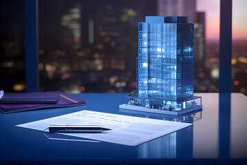 Futuristic real estate concept. 3D render of a skyscraper model in a holo blue maquette. Signing mortgage contract in a modern agency. Generative AI innovation.