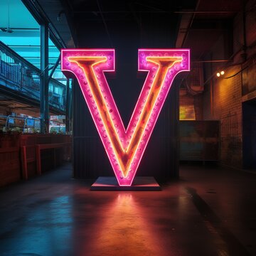 Alphabet capital letter V text. Futuristic neon glowing symbol, logo on dark grunge background.