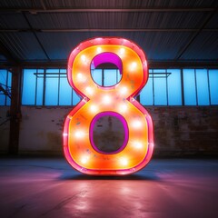 Number 8 eight. Futuristic neon font, digital glowing symbol, logo on dark grunge background.
