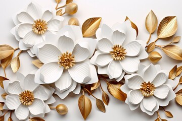 3d gold flowers white backgroung.