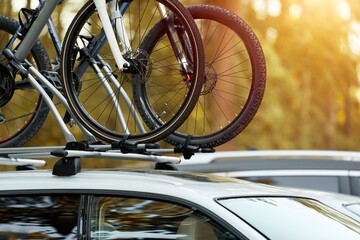 Car Roof Bicycle Mount for Adventurous Travel. Top roof bicycle mount. Concept of transporting a bicycle. - obrazy, fototapety, plakaty