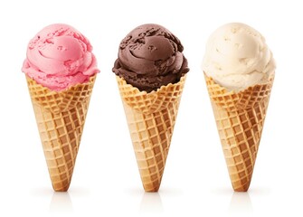 Chocolate, vanilla and strawberry Ice cream in the cone on white background.
