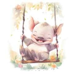 Cute happy baby rhino on swings in the tree in watercolor style.