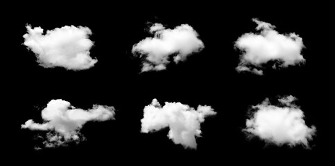 Set of white clouds or smog for design isolated on a black background. - obrazy, fototapety, plakaty