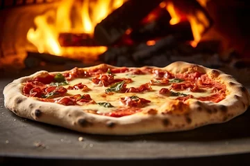Foto op Plexiglas Freshly baked pizza closeup, traditional wood fired oven background. © Hamidakhanom